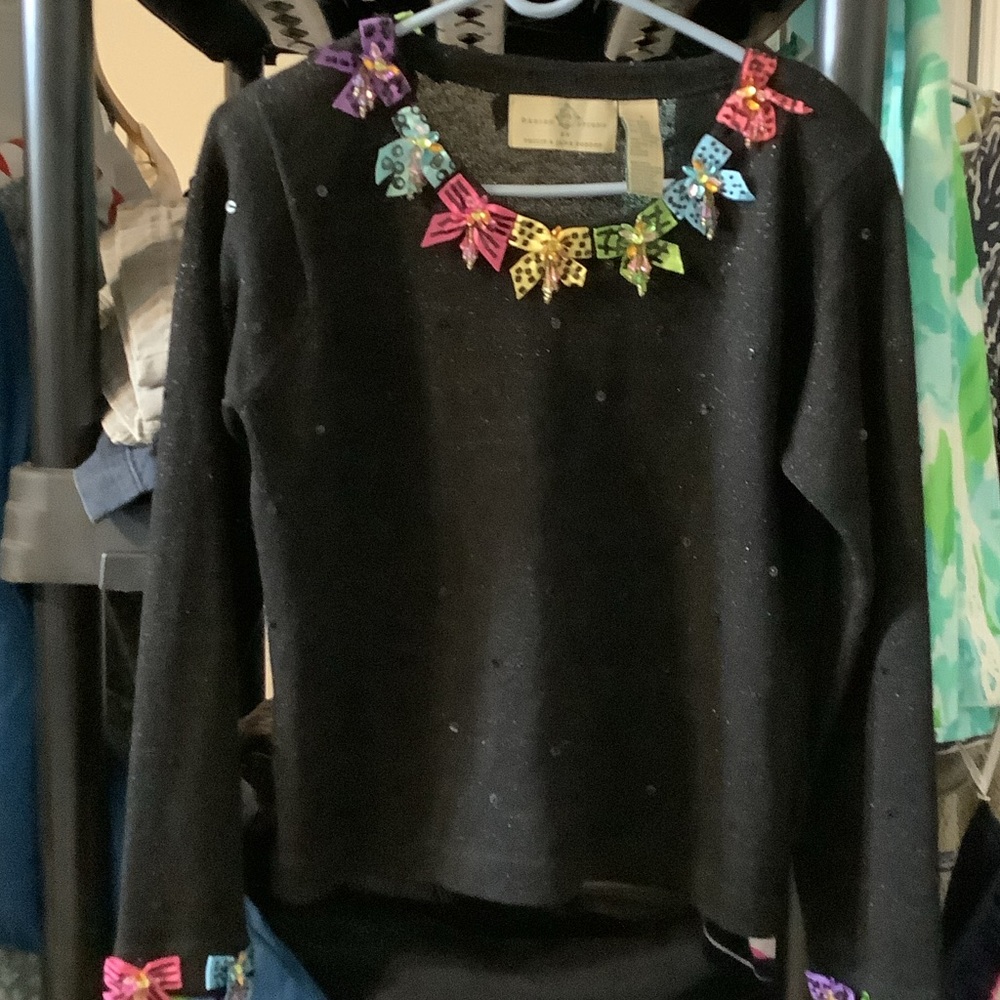 Black Crew Neck Sweater with Multicolor Bow Trim